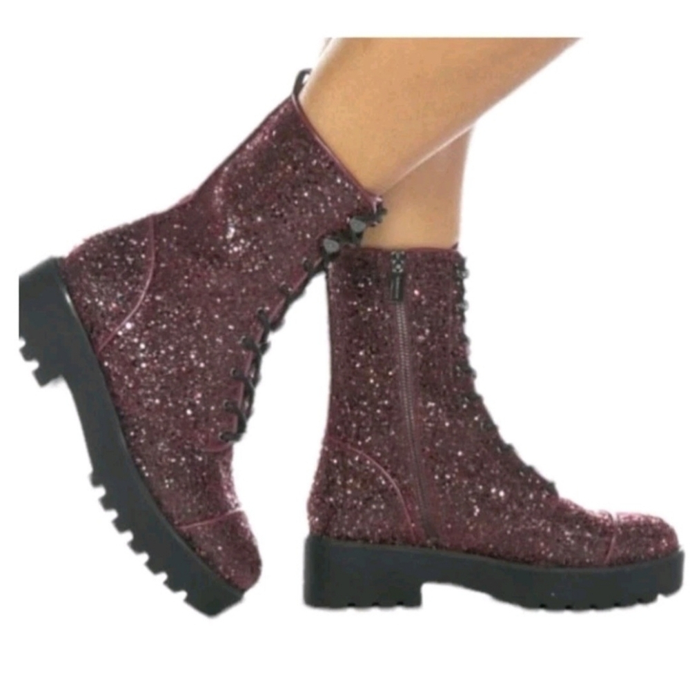 MICHAEL Michael Kors Bryce Lug Sole Combat Boots In Dark Berry Glitter Size 6.5